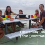 Family having dinner at a picnic table in shallow water on the Cocos Islands
