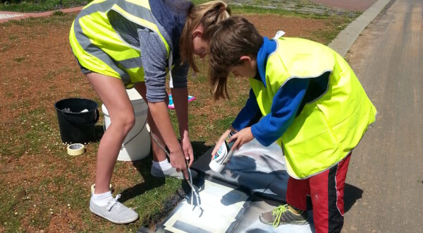 kids painting house numbers on a curb as part of a family enterprise project